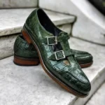 Men's Green Crocodile Embossed Leather Double Monk Strap Shoes