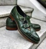 Men's Green Crocodile Embossed Leather Double Monk Strap Shoes