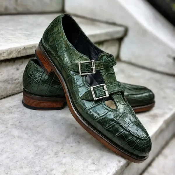 Men's Green Crocodile Embossed Leather Double Monk Strap Shoes