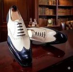 Men's Handmade Black and White Leather Wingtip Brogue Spectator Oxford Dress Shoes - Image 2