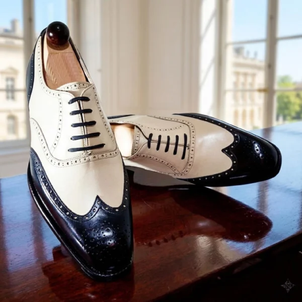 Men's Handmade Black and White Leather Wingtip Brogue Spectator Oxford Dress Shoes view