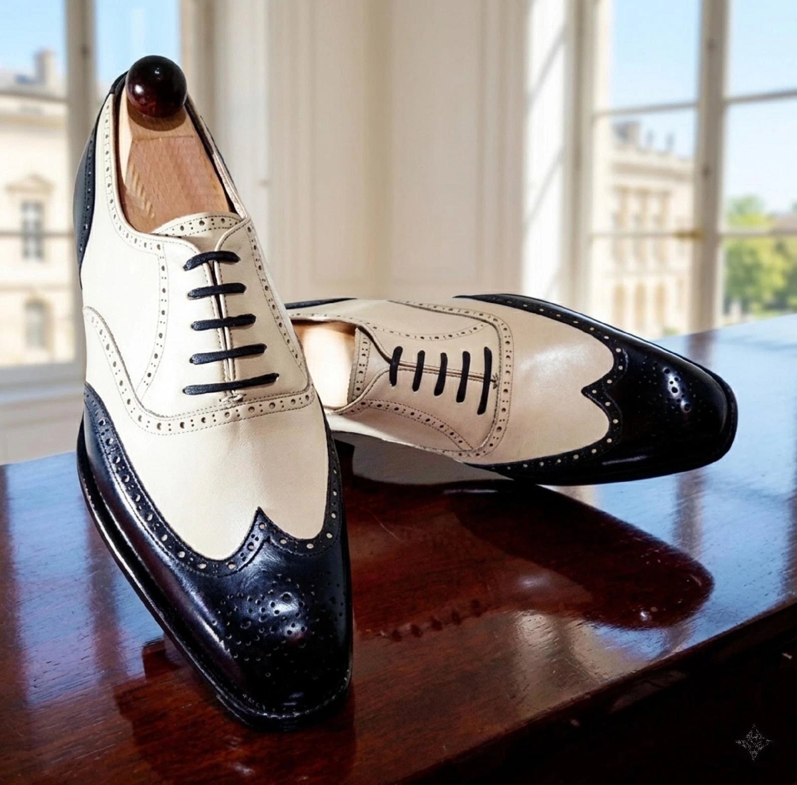 Men's Handmade Black and White Leather Wingtip Brogue Spectator Oxford Dress Shoes view Men's Handmade Black and White Leather Wingtip Brogue Spectator Oxford Dress Shoes view